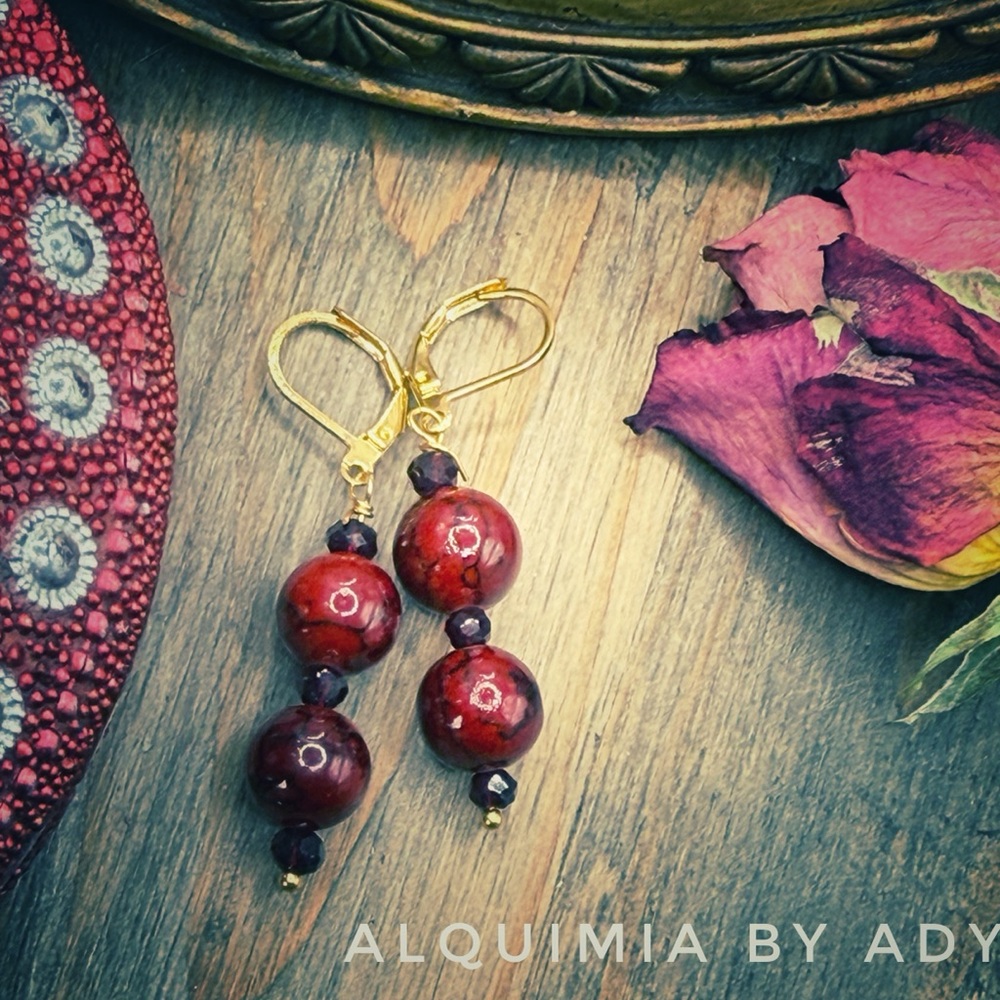 Alquimia Deep Red and Gold Dangle Earrings + RED TURQUOISE VINTAGE